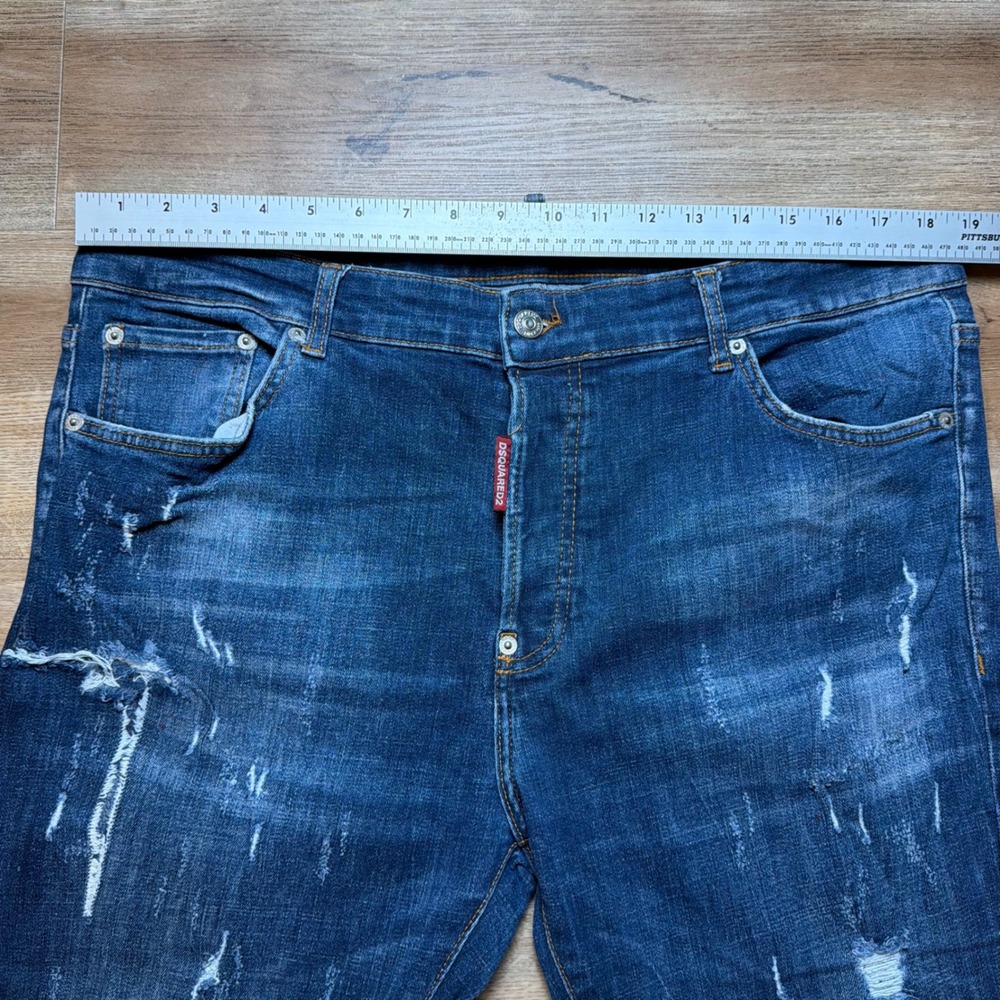 Dsquared2 Slim Jeans Mens 54 Blue Distressed Paint Splatter Made in Italy Denim - Picture 13 of 16
